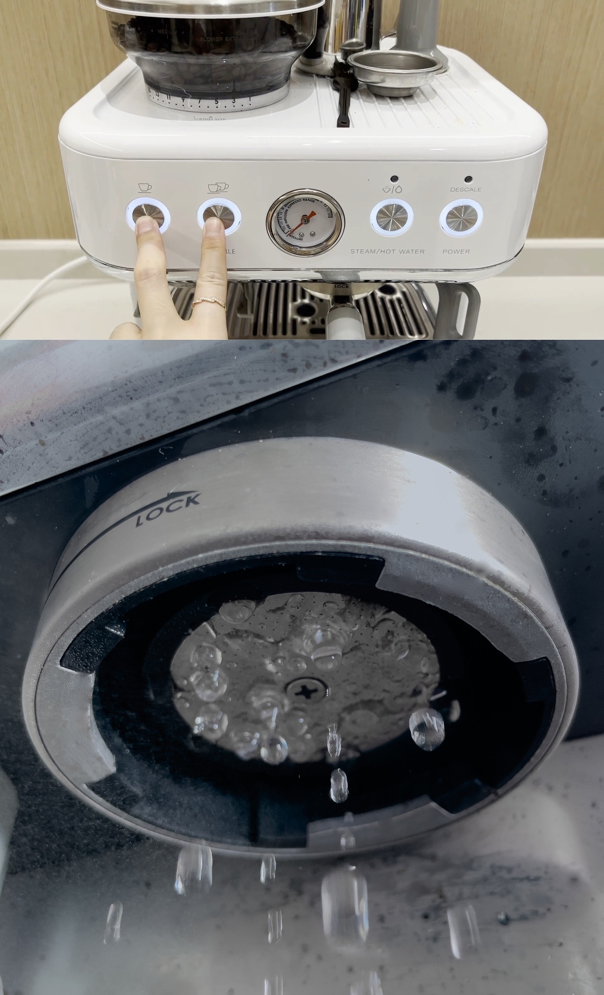 2ボタン同時押しで自動洗浄モードに。給湯口のコーヒー粉を洗い流してくれる