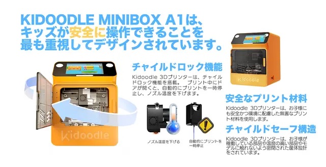Kidoodle MiniBox A1は、扉を開けるとプリントが止まったり、材料に無害な素材を使ったりとかなり配慮されています。