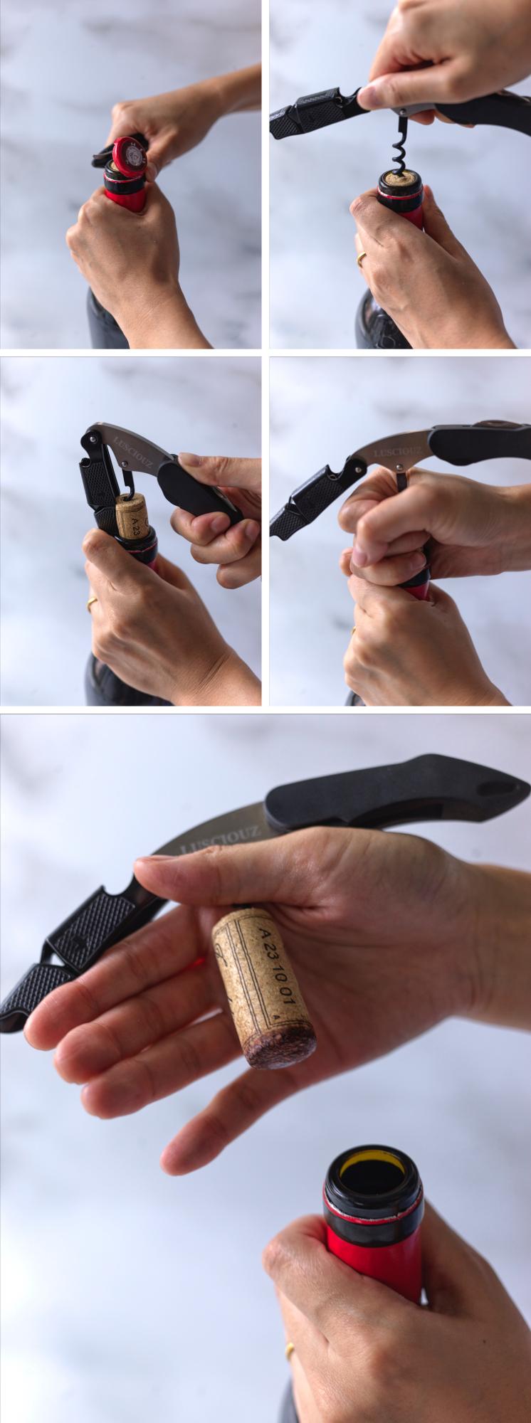 ホイルカットから抜栓までこの通り。教えながらですが、難なく開けられました。