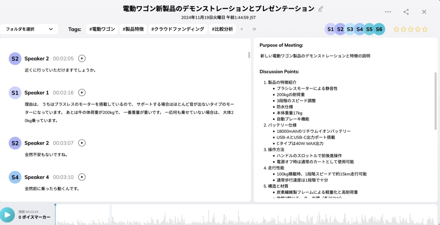 実際に日本語で他社と打ち合わせをしました。（公開の許諾はとっています）電動ワゴンに関する打ち合わせだったのですが、要約機能が秀逸です。