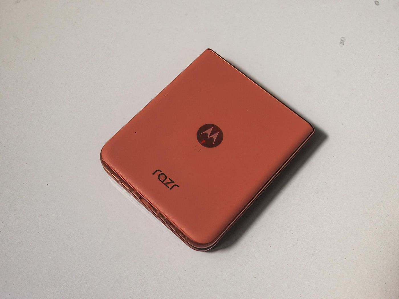 レザー調の背面とMotorolaのロゴ。質感も気に入ったポイントです。